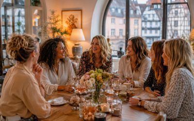 Groupe de femmes partageant un moment convivial autour d’une table lors d’une réunion chaleureuse et élégante à Strasbourg.