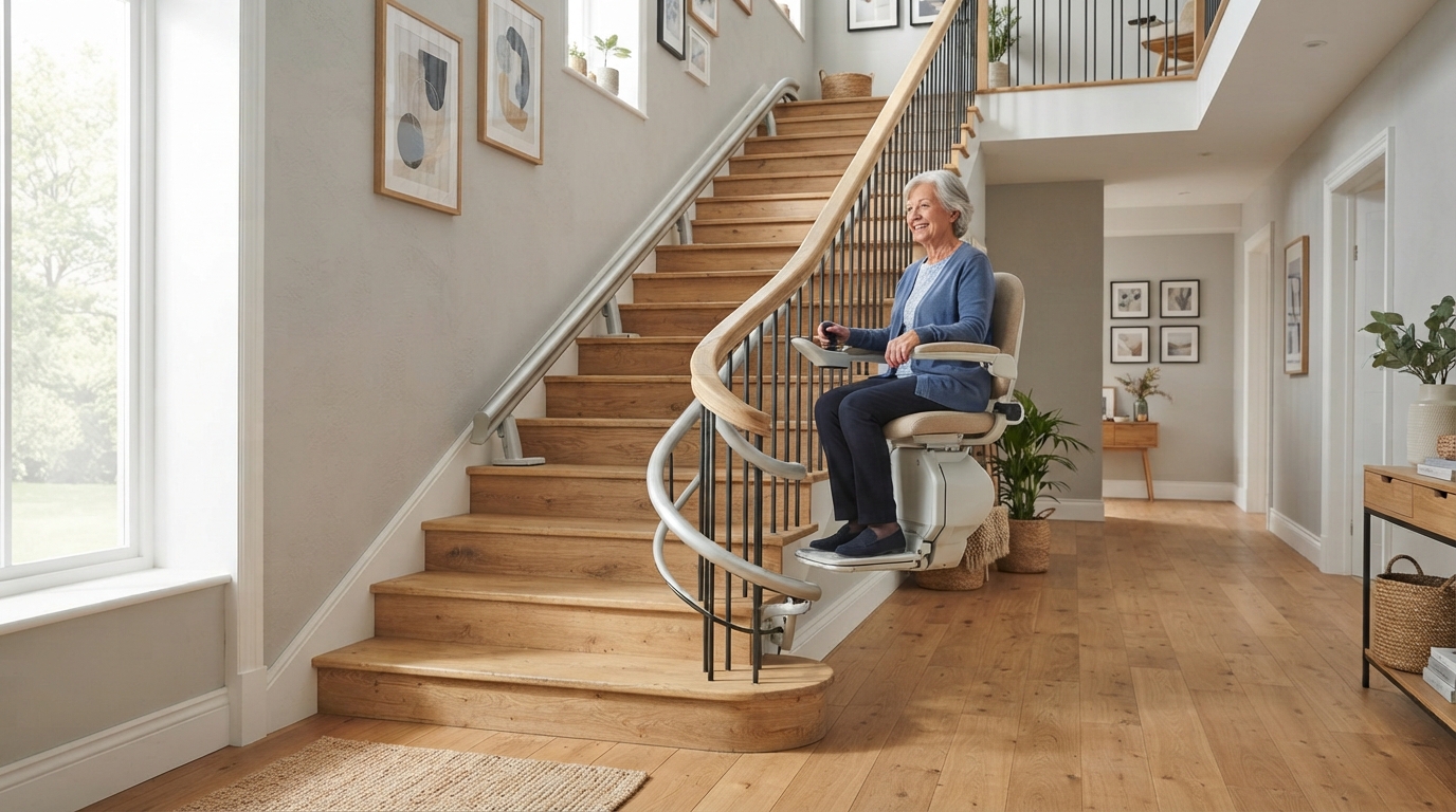 Monte-escalier moderne sur un escalier tournant, maison lumineuse
